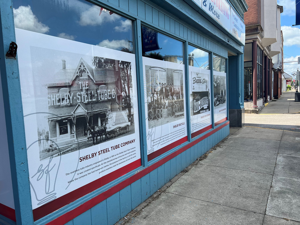 History decals on downtown buildings