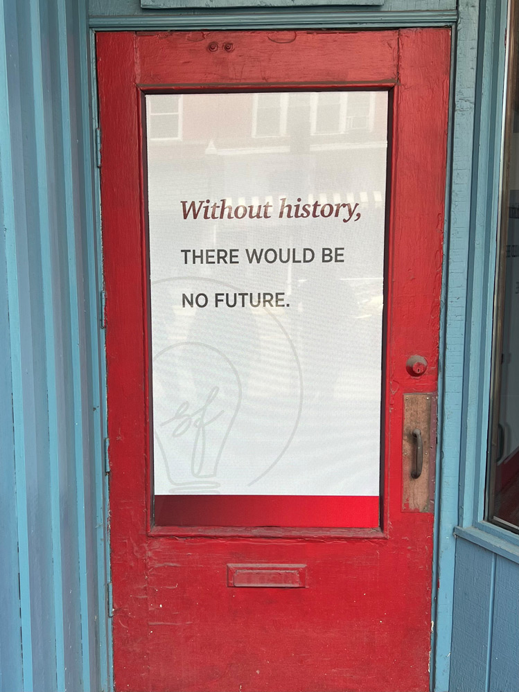 Door decal on downtown buildings