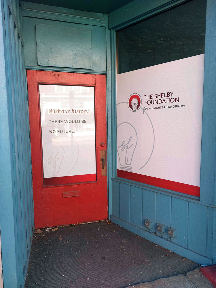 Door and window decals on Sutter Building