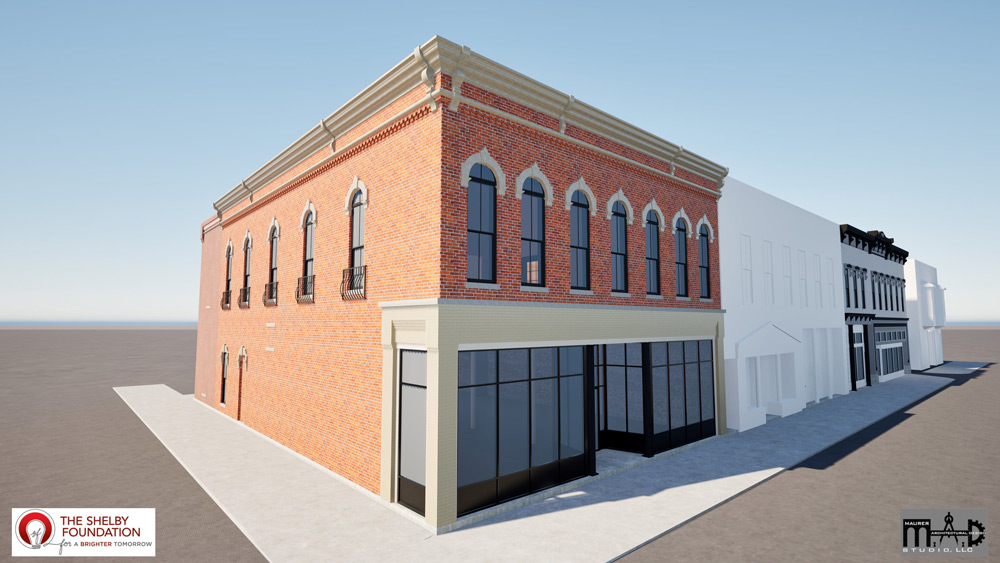 Corner - Rendering of historic downtown buildings in Shelby, Ohio.