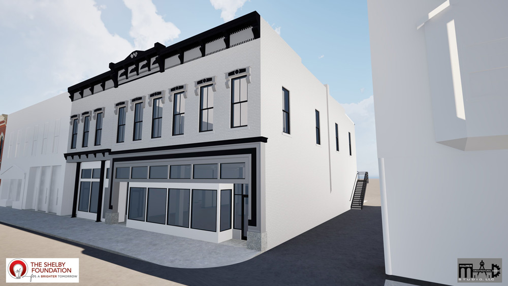 Right Corner - Rendering of historic downtown buildings in Shelby, Ohio.